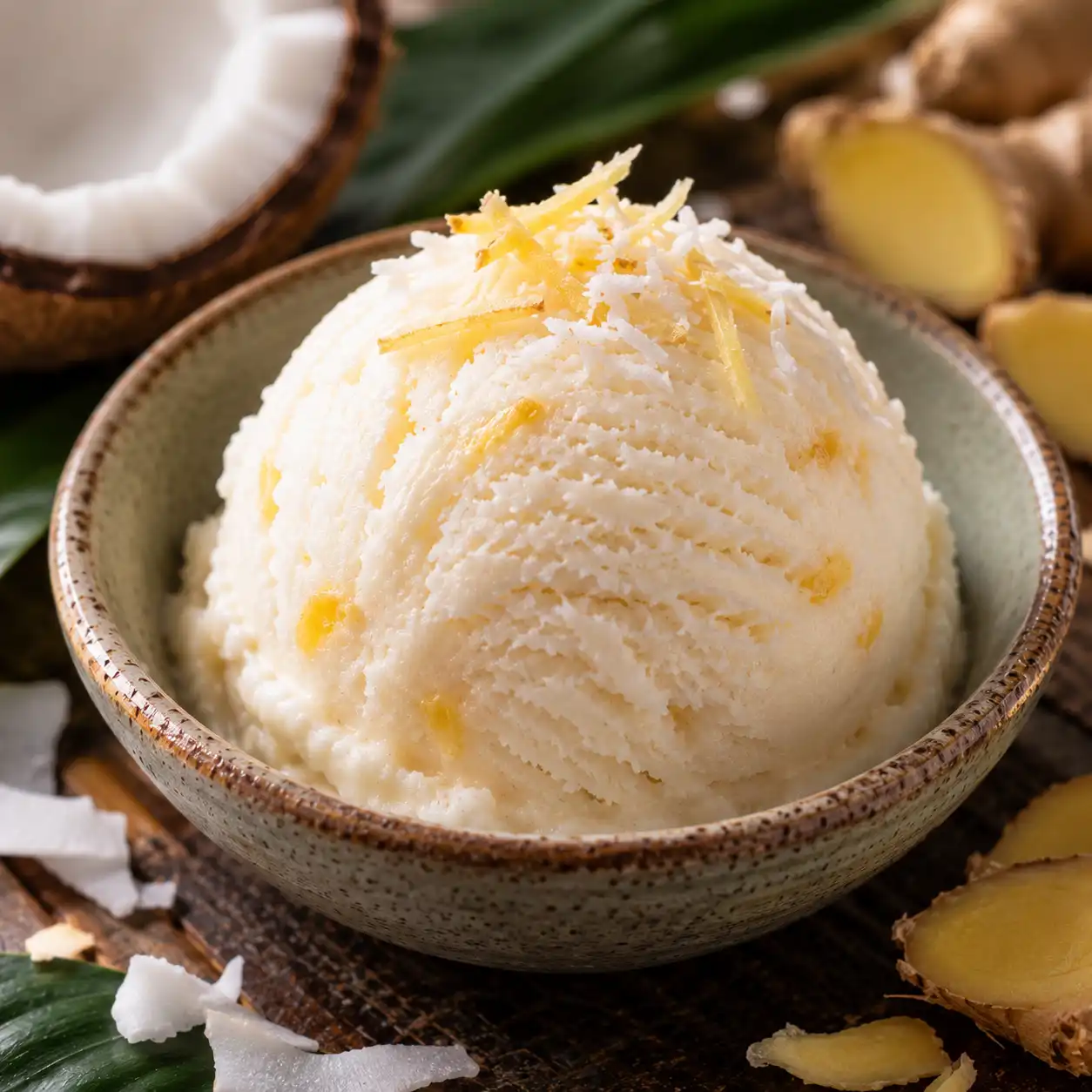 Coconut Ginger sorbet scoop, close-up macro shot