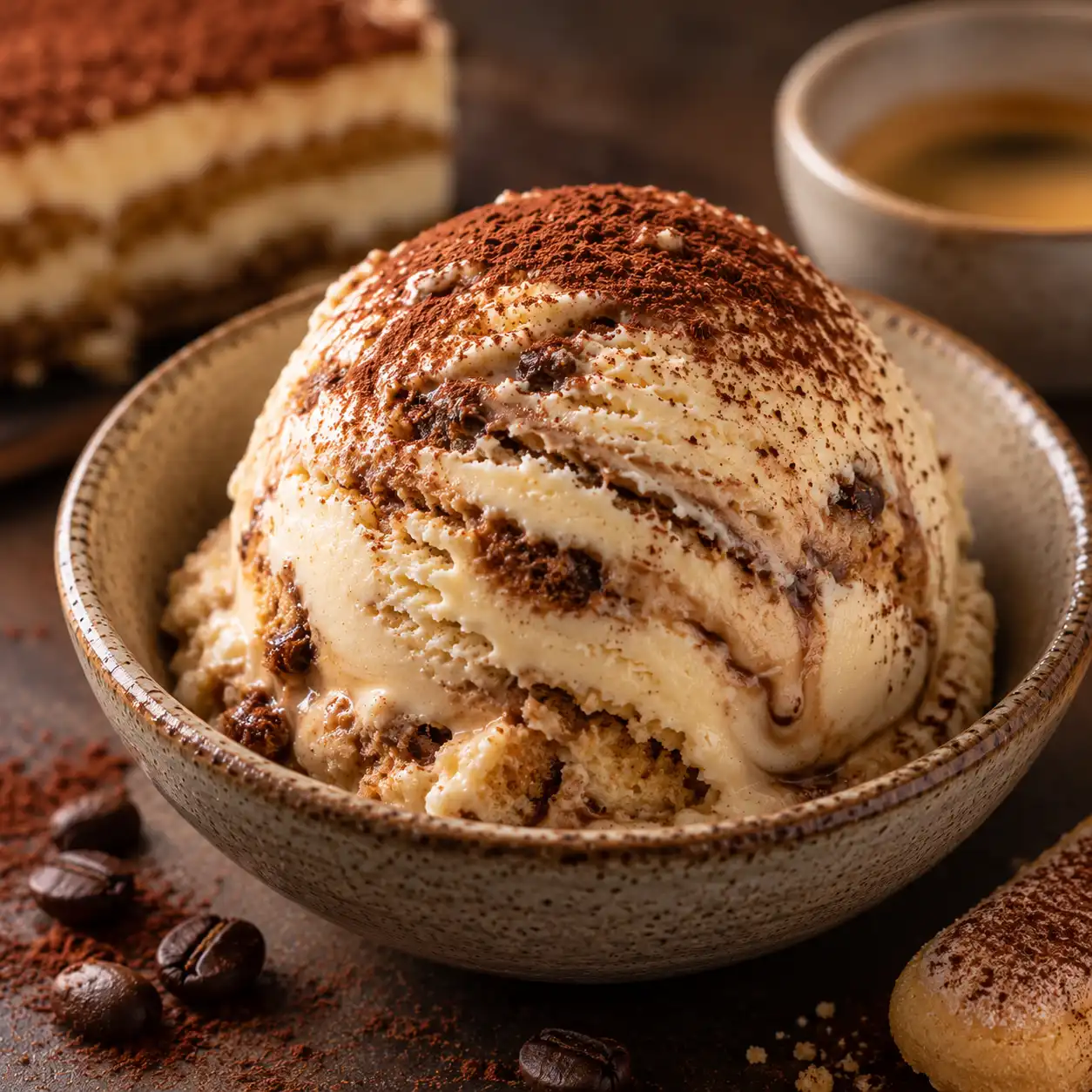 Tiramisu ice cream scoop, close-up macro shot