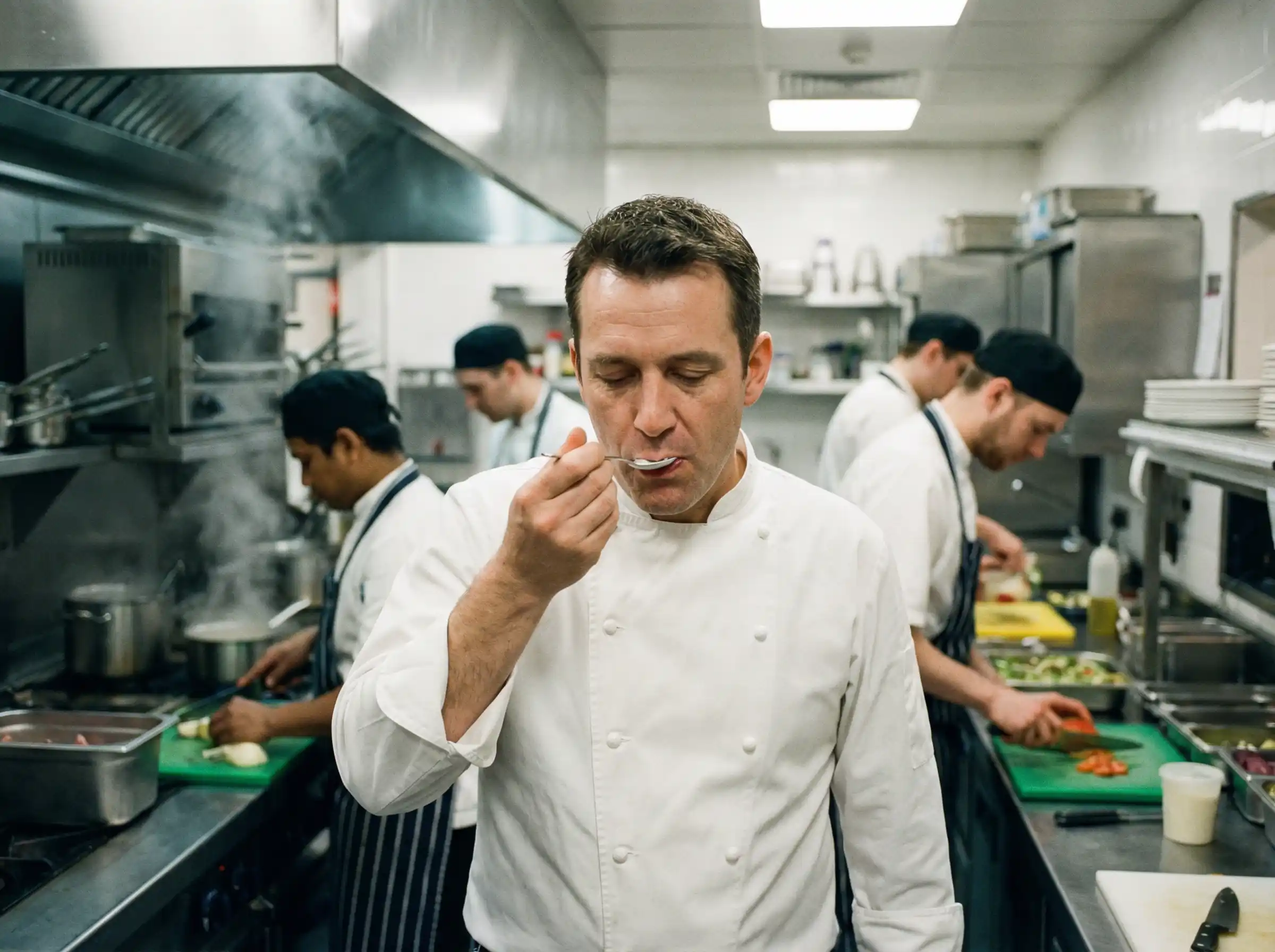 Chef tasting a dish in a professional restaurant kitchen