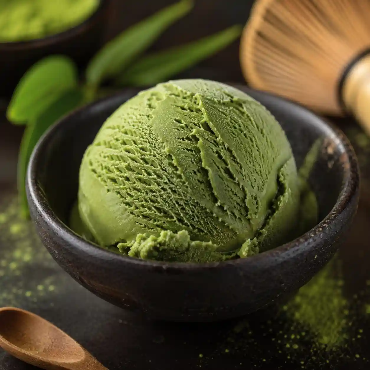 Matcha Green Tea ice cream scoop, close-up macro shot