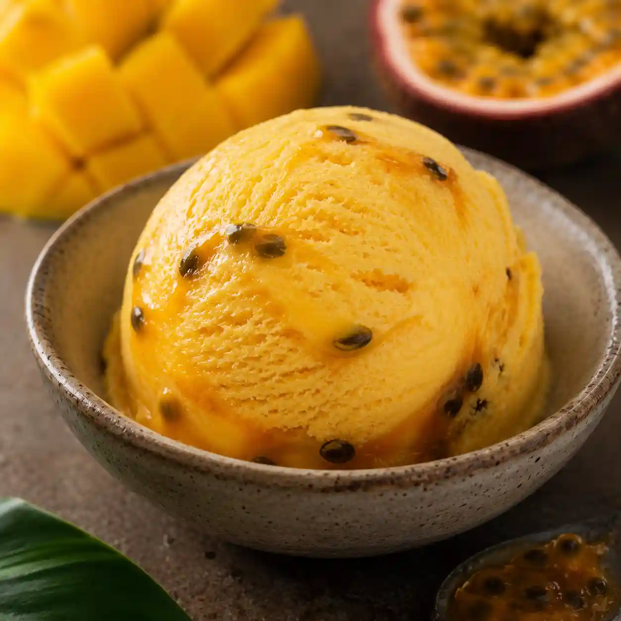 Mango Passion ice cream scoop, close-up macro shot
