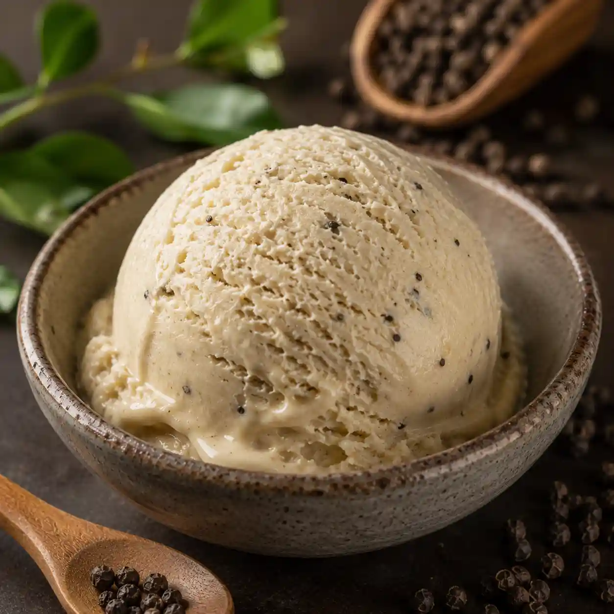 Pepper Kampot ice cream scoop, close-up macro shot